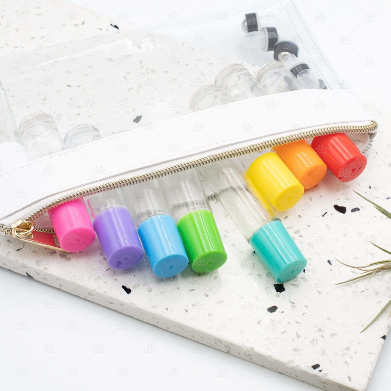 10Ml Clear Roller Bottles With Eos Signature Multi-Coloured Plastic Caps And Travel Case Set Of 9