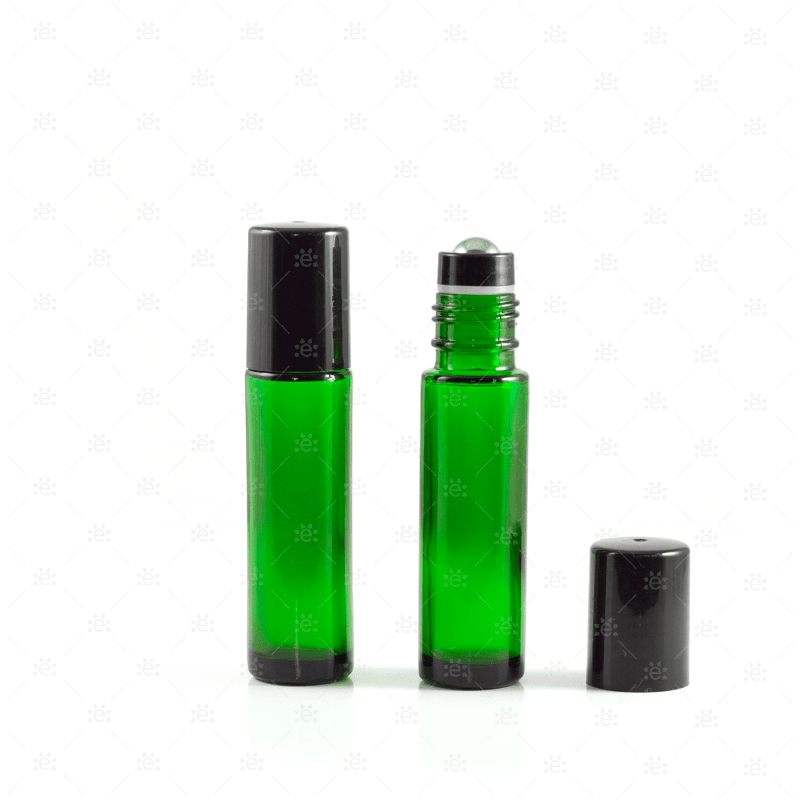 10Ml Green Glass Roller Bottle With Black Lid & Premium Stainless Steel Rollerball