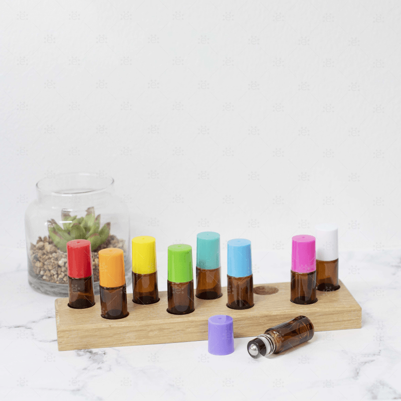 5Ml Amber Roller Bottles With Eos Signature Multi-Coloured Plastic Caps Set Of 9