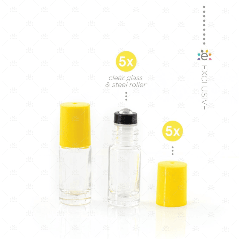 5Ml Clear Glass Roller Bottle With Confetti (Yellow) Lid & Premium Stainless Steel Rollerball - 5