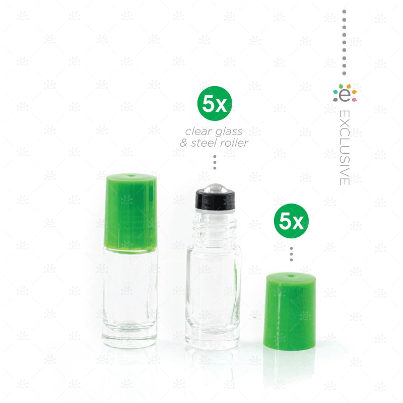 5Ml Clear Glass Roller Bottle With Fern (Green) Lid & Premium Stainless Steel Rollerball - 5 Pack