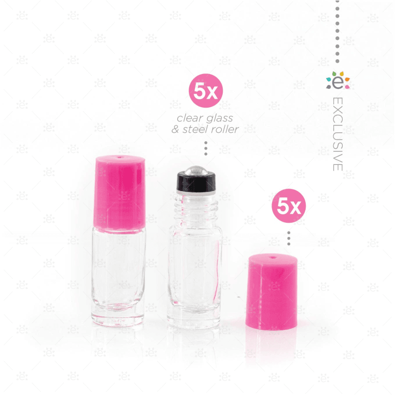 5Ml Clear Glass Roller Bottle With Tutu (Pink) Lid & Premium Stainless Steel Rollerball - 5 Pack