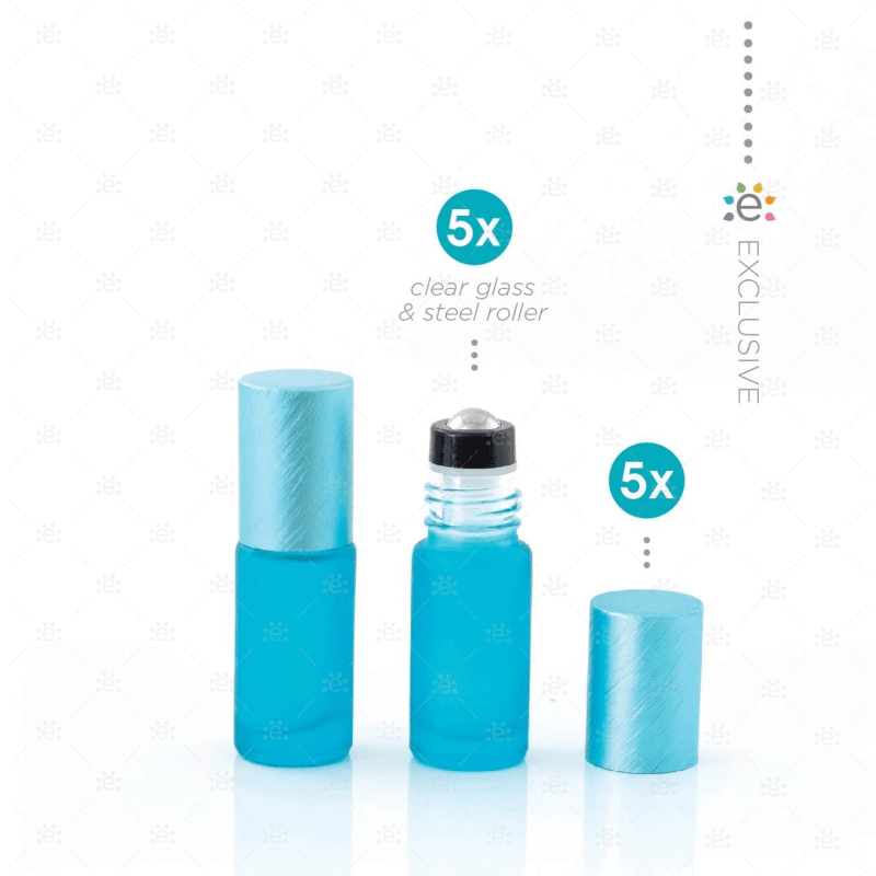 Deluxe Frosted 5Ml Teal Roller Bottles With Metallic Caps & Premium Rollers (5 Pack) Glass Bottle