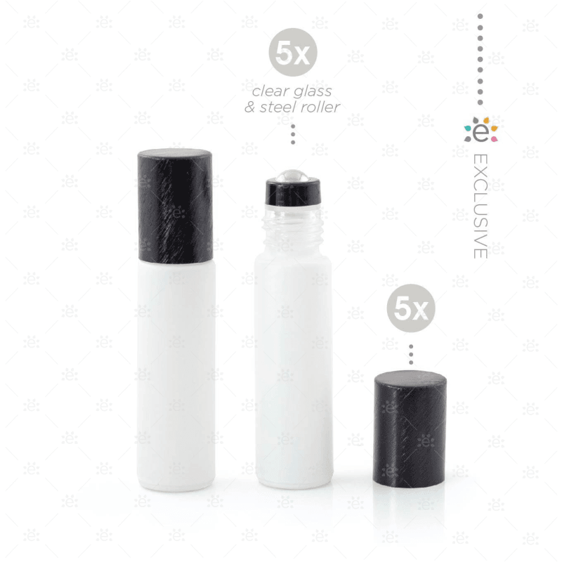 Deluxe Matte 10Ml White Roller Bottles With Black Metallic Caps & Premium Rollers (5 Pack) Glass