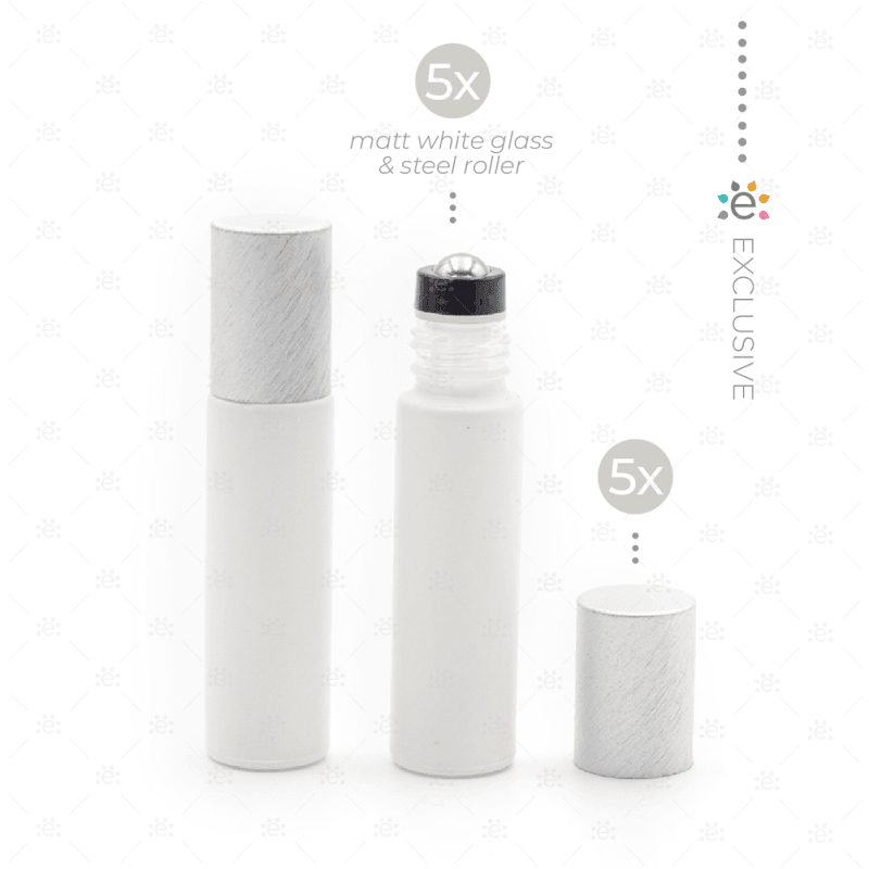 Deluxe Matte 10Ml White Roller Bottles With Pewter Metallic Caps & Premium Rollers (5 Pack) Glass
