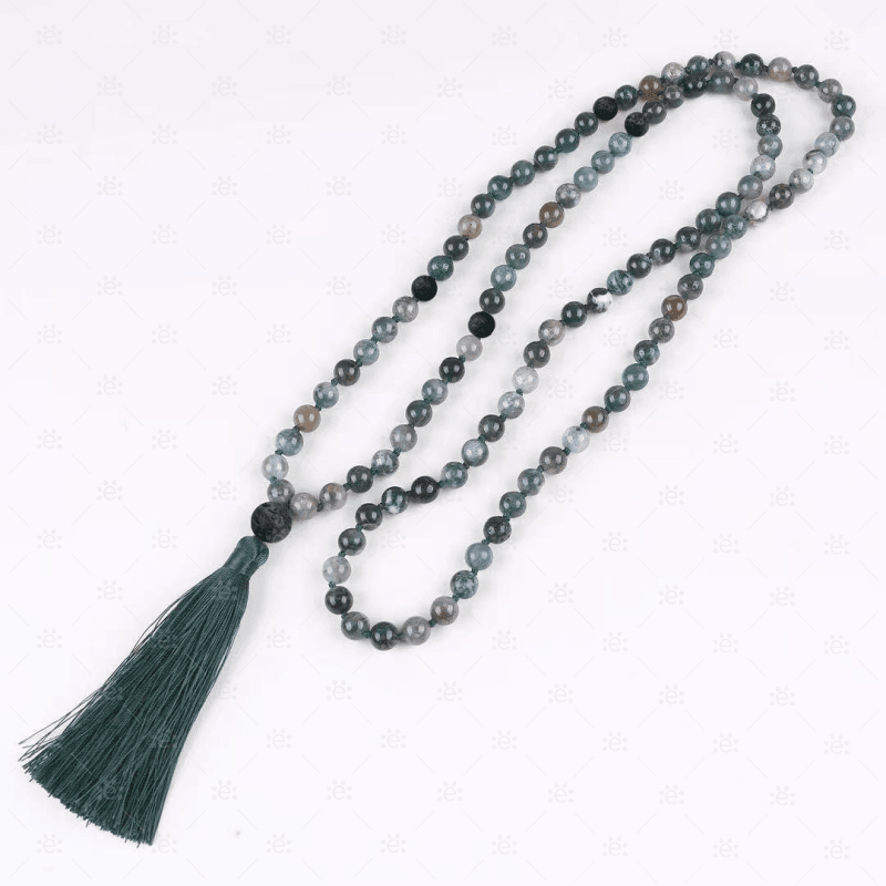 Ruth:  Green Moss Agate & Natural Lava Gemstone Tassel Diffuser Necklace Jewellery